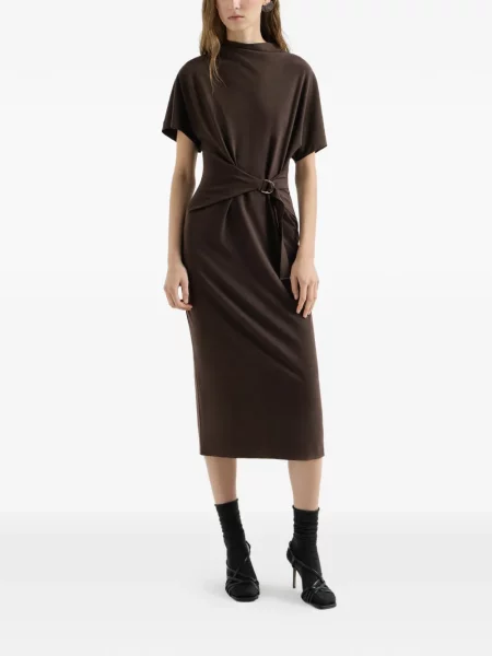 Cu centură rochie Brunello Cucinelli de lână plic maro