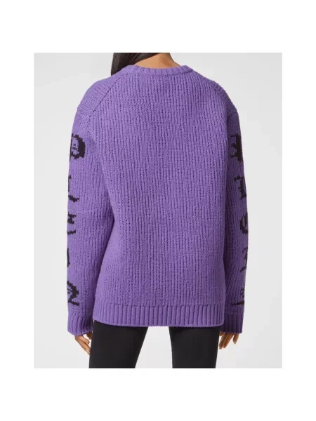 Sweter Philipp Plein wełniany z okrągłym dekoltem fioletowy
