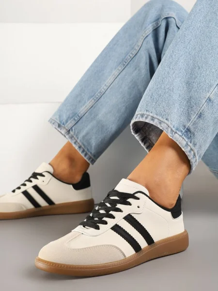 Beżowo-Czarne Casualowe Sneakersy na Płaskiej Podeszwie z Paskami Jereria czarne