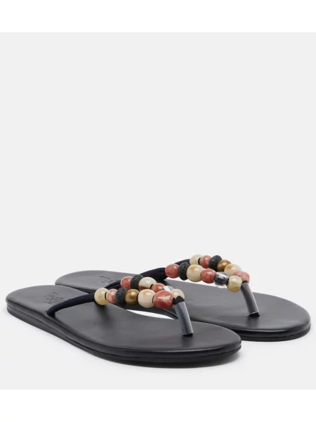 Chiloți tanga Ancient Greek Sandals din piele cu mărgele negru