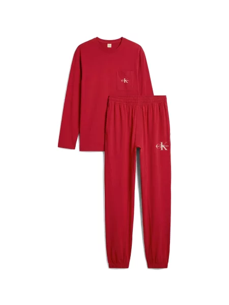 Calvin Klein Pijama lungă HOLIDAY ecru / sângeriu alb