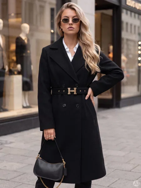 Elegancki płaszcz dwurzędowy z paskiem Dstreet czarny