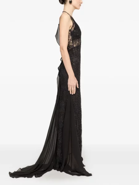 Rochie maxi Nissa din dantelă cu mărgele negru