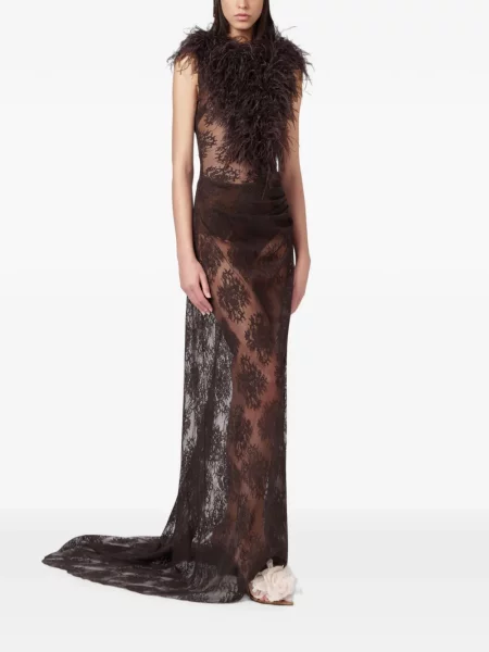 Rochie maxi Giuseppe Di Morabito cu pene din dantelă maro