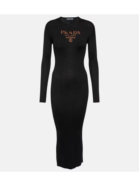 Svilena midi obleka Prada z avtogramom črna