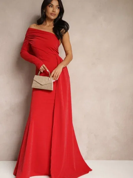 Wieczorowa Sukienka Asymetryczna na Jedno Ramię z Trenem i Metaliczną Nicią Emivonia czerwona