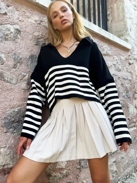 Trend Alaçatı Stili Pulover črna bela