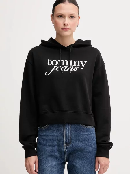 Суичър с качулка Tommy Jeans с качулка с принт черно