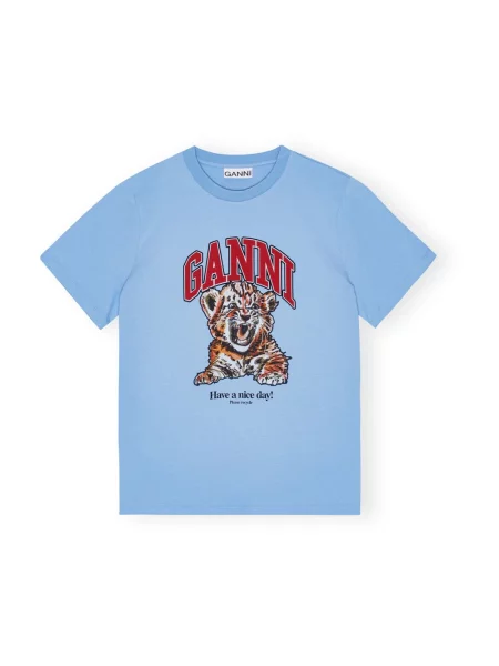 T-shirt basic Ganni w tygrysie prążki z dżerseju z dekoltem w kształcie litery U niebieski