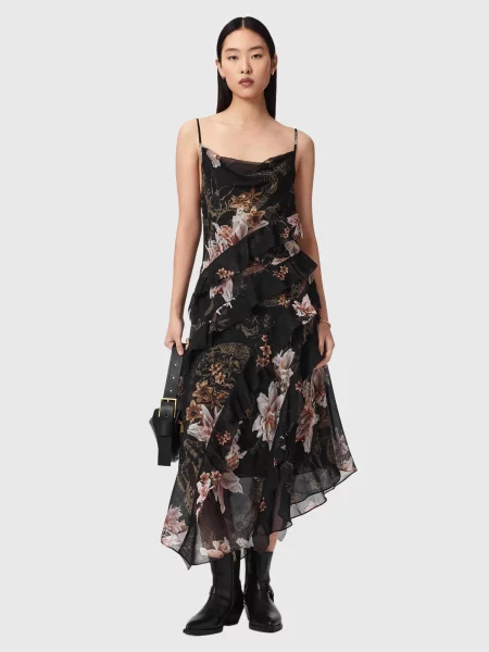 AllSaints rochie asimetrică cu amestec de mătase RUTH negru