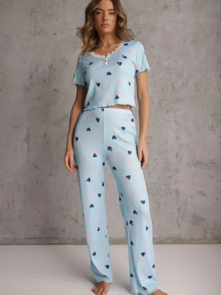 Elastyczny Komplet Piżamowy w Serduszka Spodnie i Top Isle niebieski