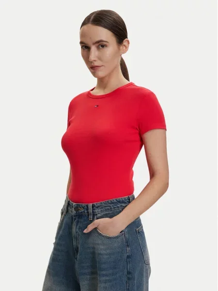 Tommy Jeans osnovna kratka majica z elastanom rdeča