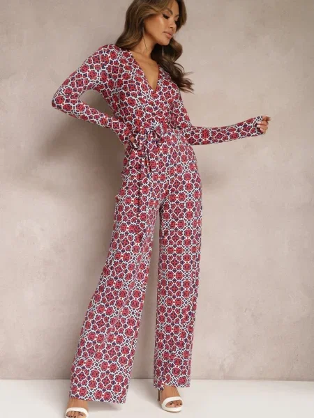 Roșu-Alb Salopetă cu Model Geometric cu Picior Larg și în Talie Soliti alb