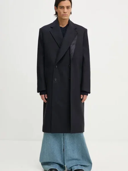 Y/Project palton de lana DOUBLE FRONT COAT marin de tranzitie cu doua randuri de albastru