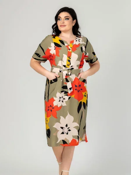 Сукня міді All Posa льон/віскоза хакі