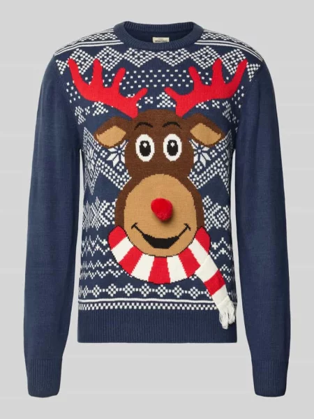 Sweter z dzianiny z prążkowanymi wykończeniami Montego granatowy