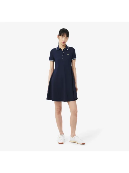 Lacoste Organiczna Sukienka Z Kołnierzykiem Polo Z Krótkim Rękawem Flare Fit granatowa