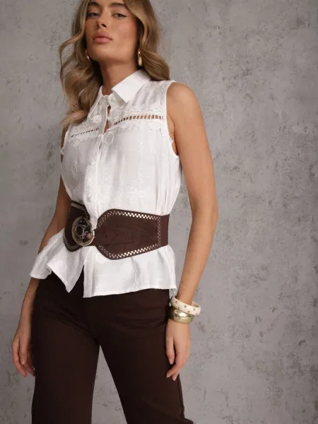 Boho Koszula z Bez Rękawów Zdobiona Haftem Melirianne biała