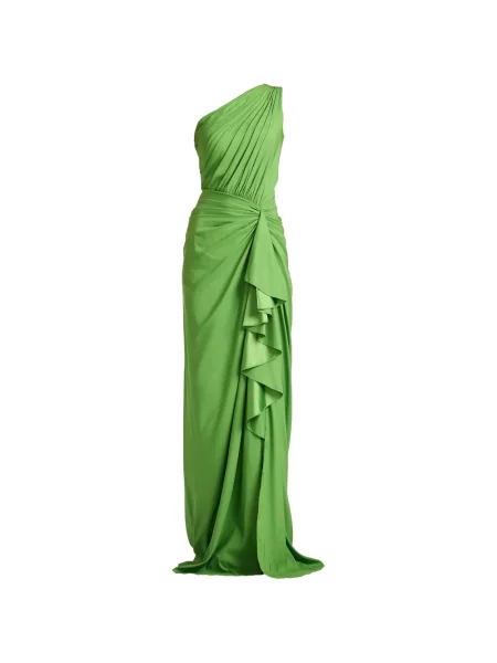 Rochie maxi Tadashi Shoji cu volane cu un umăr gol verde