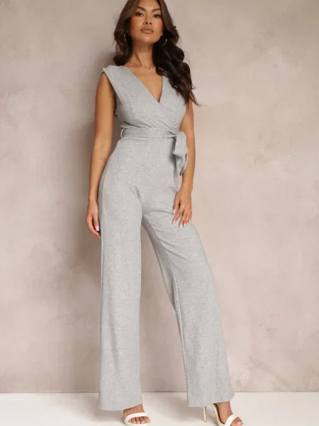 Salopetă lungă deschis cu legare în talie și pe umeri Amile gri