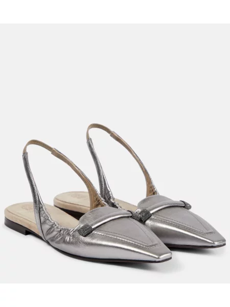 Balerini Brunello Cucinelli din piele slingback argintiu