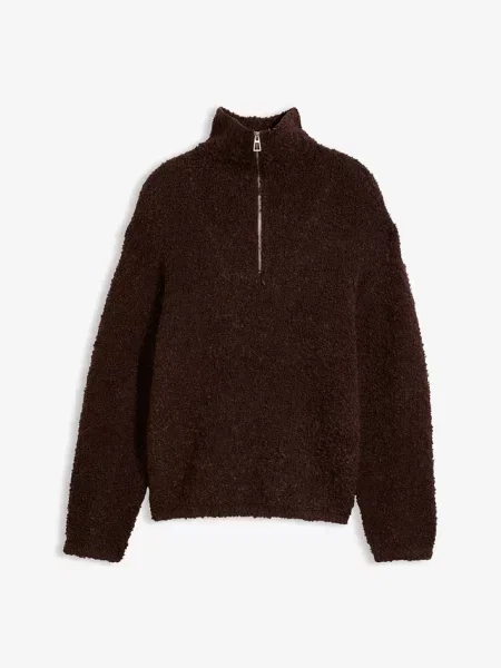 Sweter z dzianiny o wyglądzie bouclé z kołnierzem zapinanym na brązowy