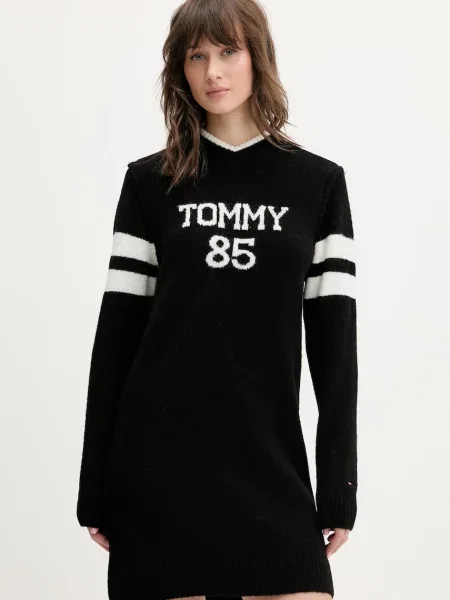 Tommy Jeans rochie din amestec de lână mini drept negru