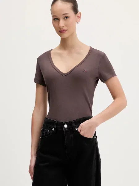Тениска Tommy Jeans кафяво