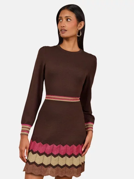 Love & roses Rochie tricotat crem / ciocolatiu / magenta / burgundy roșu