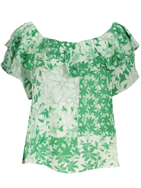 Wielobarwność koszulka Desigual boho z dekoltem w łódkę zielona