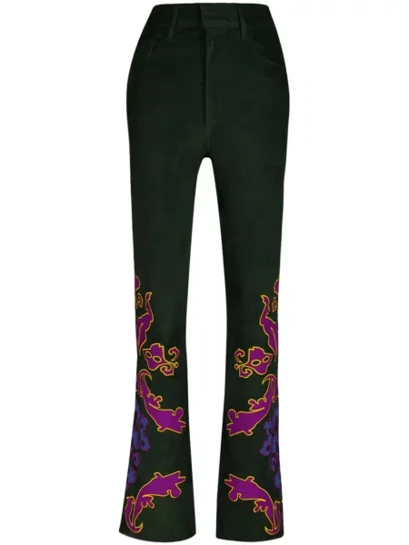 Pantaloni Paula cu broderie din piele de căprioară verde