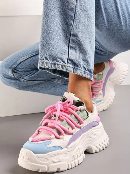 Sneakers Alb-Roz cu Sireturi Groase pe Platformă Joasă Lasandre alb