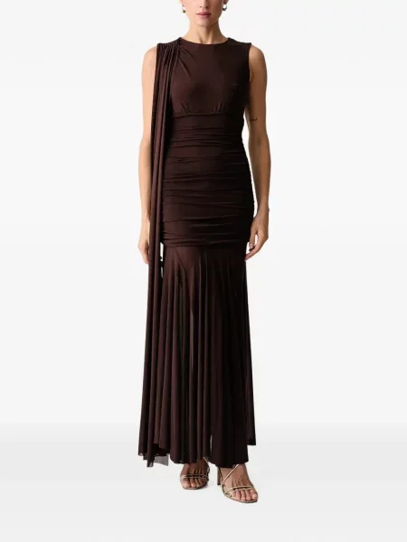 Rochie maxi Bardot cu volane drapată maro