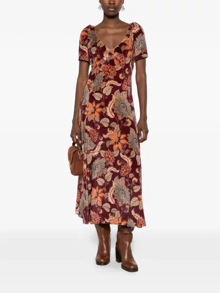 Rochie midi Farm Rio de catifea cu model floral cu imagine roșu