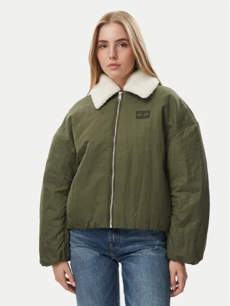 Tommy Jeans Geacă | Relaxed fit | shearling verde