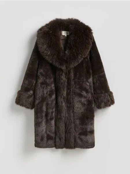 Reserved Płaszcz z imitacji futra ciemnobrązowy