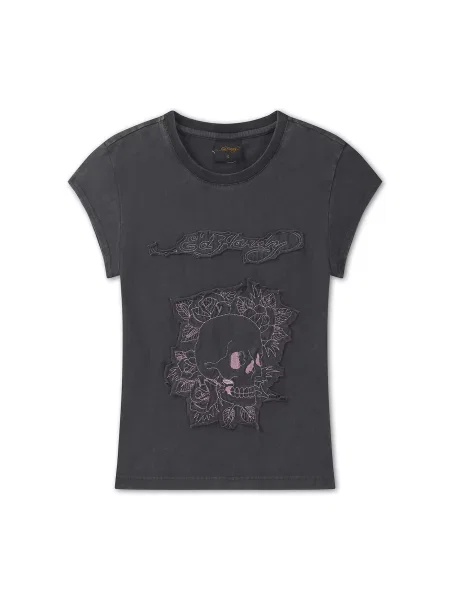 Ed Hardy Tricou Blumen-Totenkopf închis / roz gri