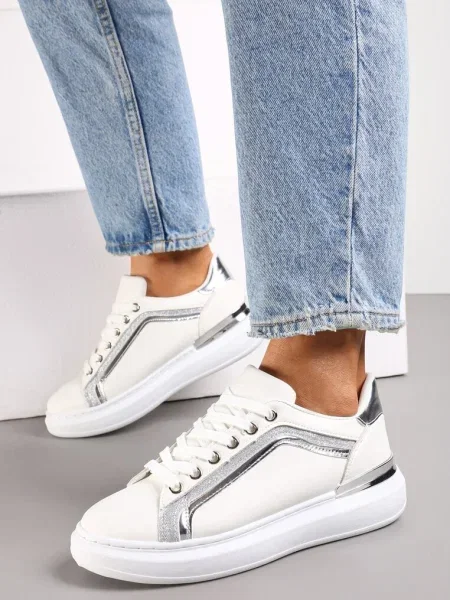 Sneakers Albi cu Talpă Groasă cu Sclipici Veneli alb