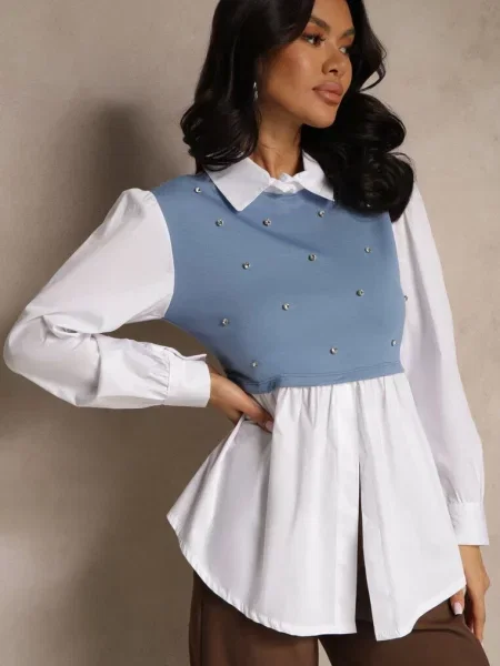 Koszulowa Bluzka z Wiskozą o Rozkloszowanym Kroju z Wszytą Kamizelką Uliadorella niebieska