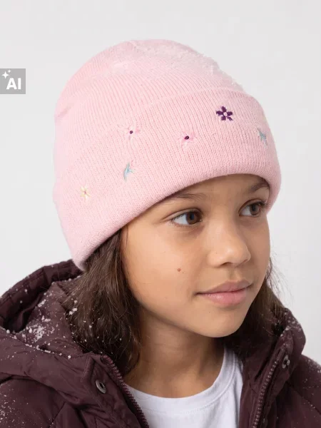 Sinsay Beanie čepice s vyšívanými květinami pastelová růžová