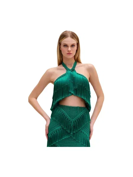 Top Patbo z frędzli z dekoltem halter zielony
