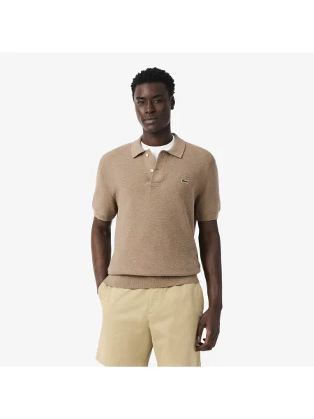 Lacoste Sweter Z Kołnierzykiem Polo Z Krótkim Rękawem Classic Fit Jasnobrązowy brązowy