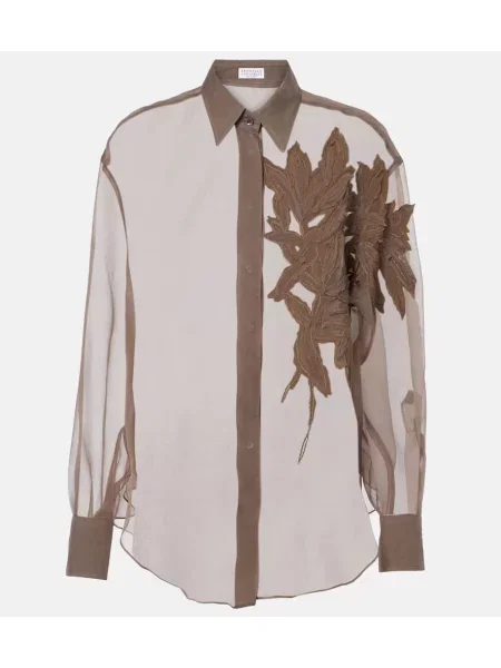 Jedwabny top Brunello Cucinelli w kwiatki brązowy