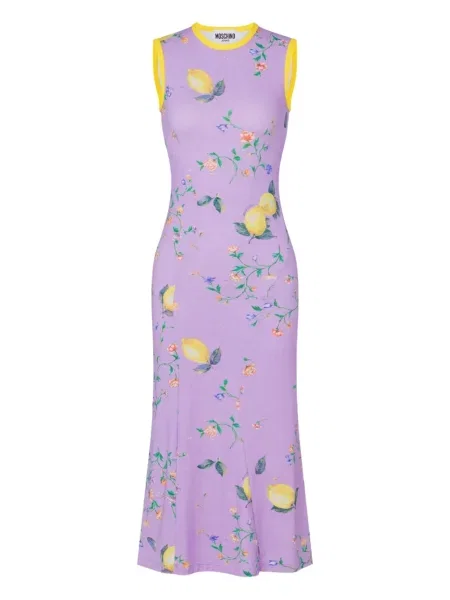 Rochie din denim Moschino Jeans fără mâneci cu model floral cu imagine violet