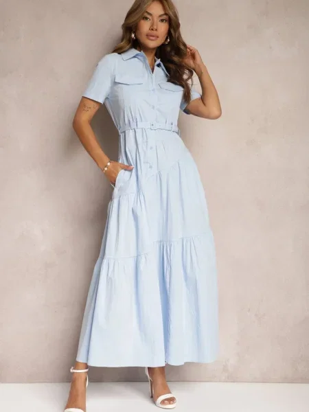 Sukienka o Rozkloszowana Zwężana w Talii Nenefia niebieska