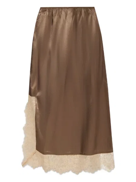 Fustă midi Munthe din dantelă până la genunchi maro