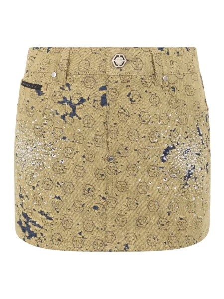 Mała spódnica mini Philipp Plein żakardowa z kryształkami beżowa
