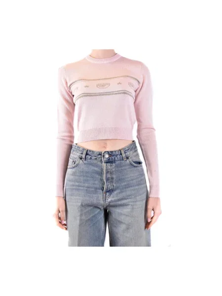 Sweter Chiara Ferragni Collection z okrągłym dekoltem wełniany różowy