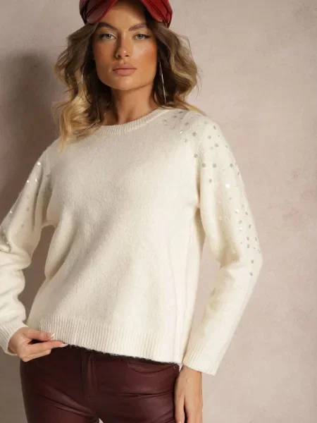 Sweter z Bawełną i Cekinami Ceala beżowy