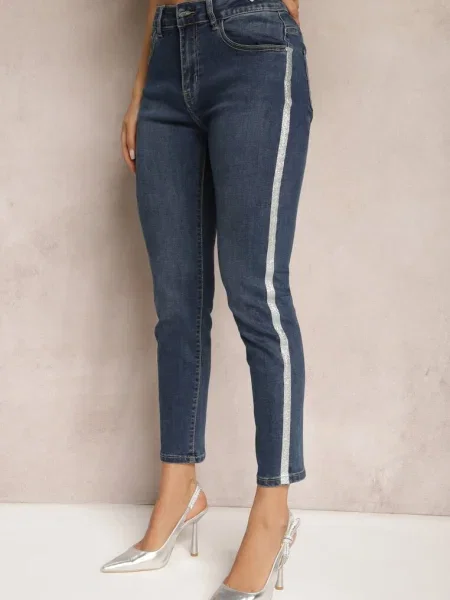 Blugi bleumarin skinny cu dungi laterale cu sclipici Qistella